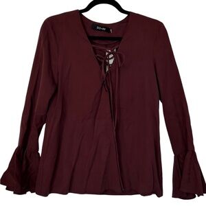 DO+BE Women’s Top Lace‎ Up Burgundy Wine Long Flutter Sleeve Flowy Lightweight S